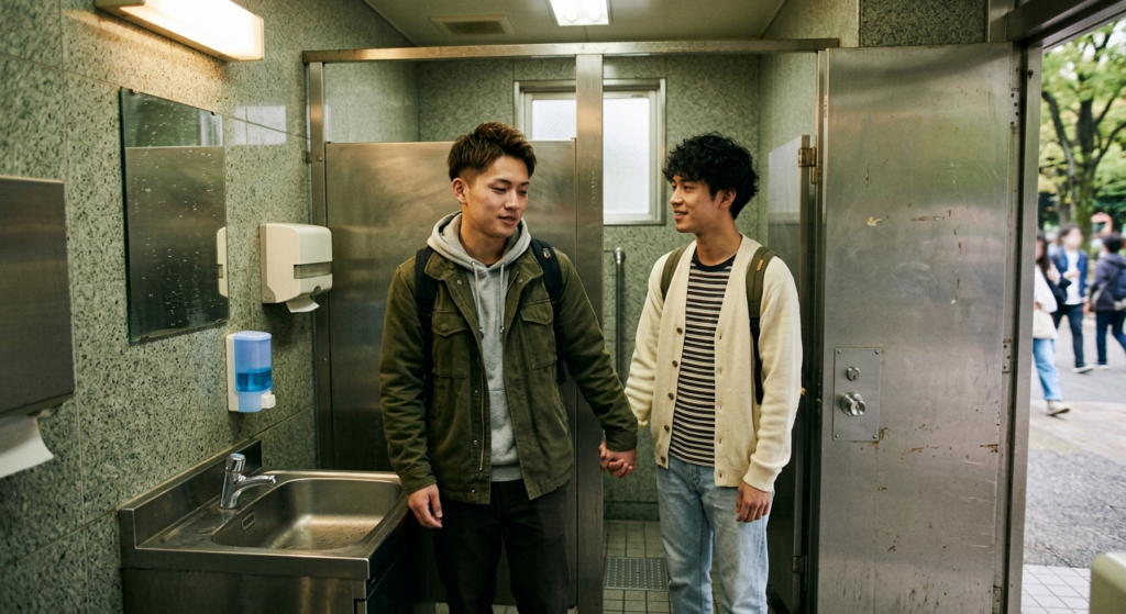 GWの夕暮れ、多目的トイレでの濃厚な愛の重なり