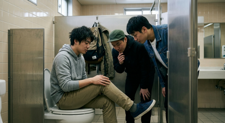 ぼうさいの丘公園で3P、二人のガッチリ男性に挟まれて
