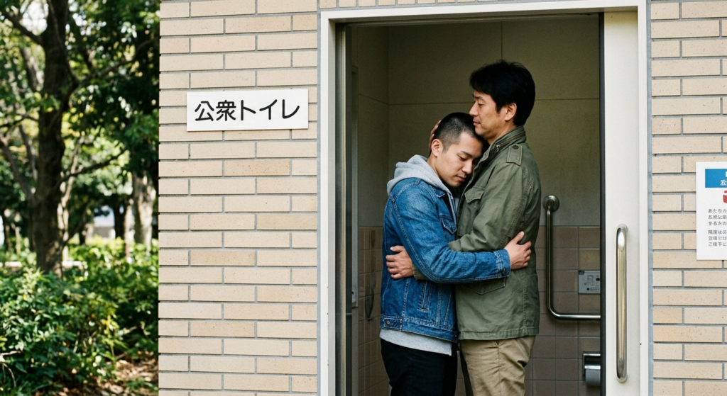 夕暮れのトイレで、入念なアナル愛撫と濃厚ごっくん