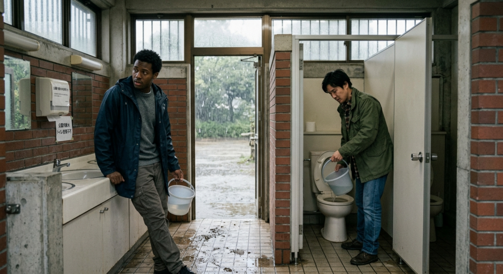 大雨の断水トイレで、がっちり外国人と激しい中出し