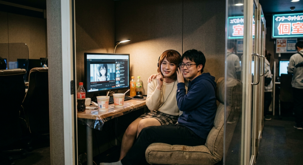 女物の下着を穿いた彼を、ネットカフェで…
