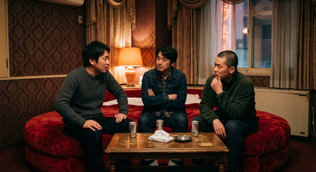 未知の領域！男3人でラブホテル、2本同時挿入の衝撃