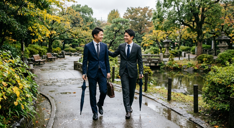 雨上がりの公園、スーツ姿の彼